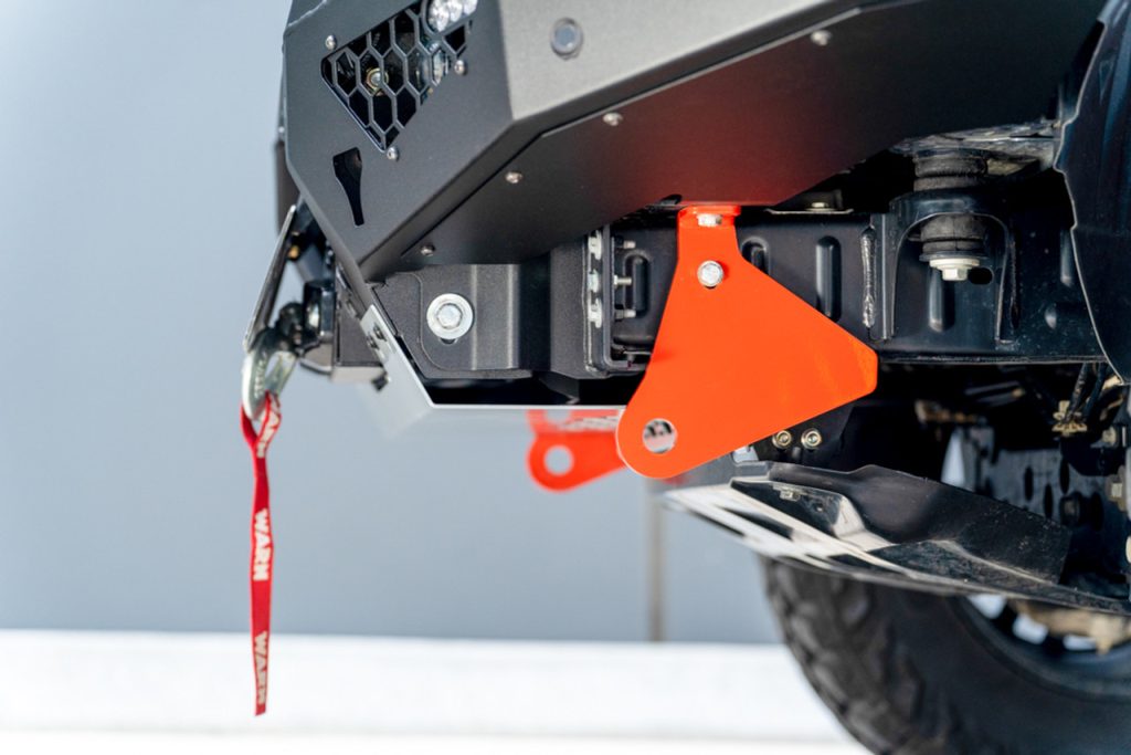 Side view close-up of the headlight protection and mounting brackets of Toro Bull Bar on Toyota Fortuner N160 2021